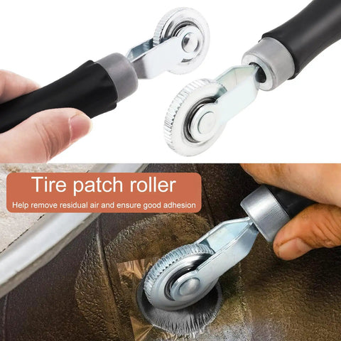 Tire Patch Kit With Patch Roller And Buffing Wheels 42mm And 55mm Six Piece Set for quick puncture repair demonstration.