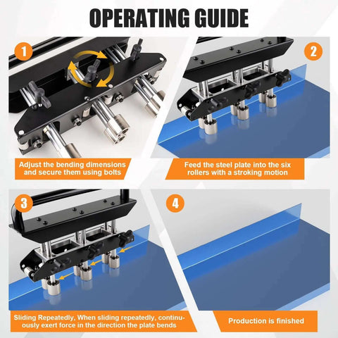 Operating guide for Pro Grade Three Station Edge Roller Bender showing step-by-step usage instructions.