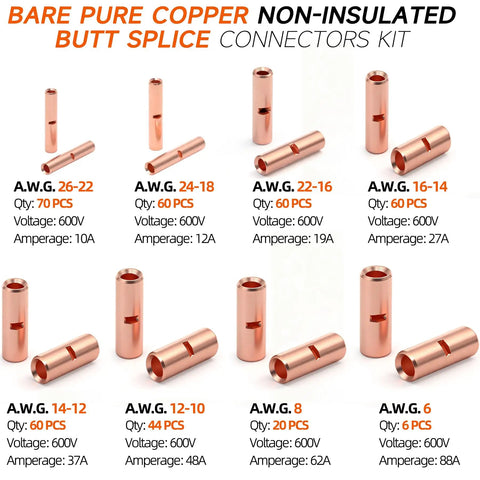 380 Piece Non Insulated Butt Connectors Kit For 26 To 6 AWG Beefy Copper Crimp Splice Terminals shown with voltage ratings and quantities