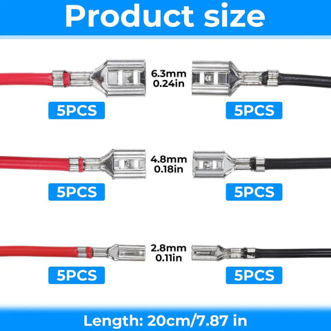 30 Piece Spade Crimp Terminal Kit With Insulating Sleeves And 20cm Wires In Red Black 2.8mm 4.8mm 6.3mm connectors