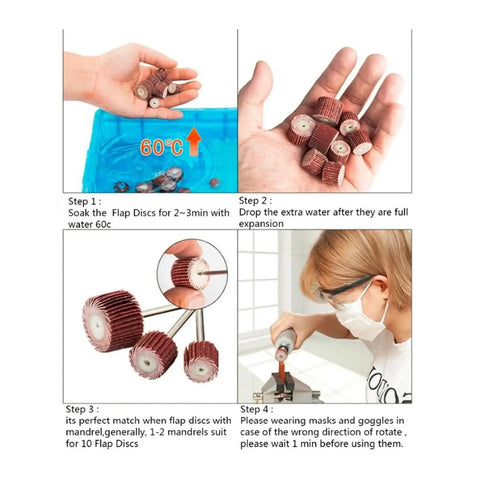 Steps for using 21 Piece Flap Sanding Wheel Kit With 3mm Shank For Rotary Tools Easy Install All Purpose Abrasive Discs, soaking instructions