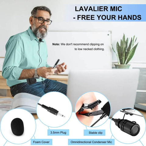 Bluetooth Voice Amplifier With Lapel Mic And Headset Microphone Pack, man using microphone, close-up of mic features