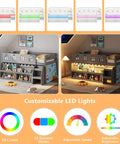 Twin Loft Bed With Built In LED Lights And Remote Control, 4 Storage Shelves, Removable Curtain, 15 Inch Guardrail, Gray