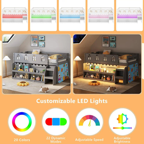 Twin Loft Bed With Built In LED Lights And Remote Control, 4 Storage Shelves, Removable Curtain, 15 Inch Guardrail, Gray