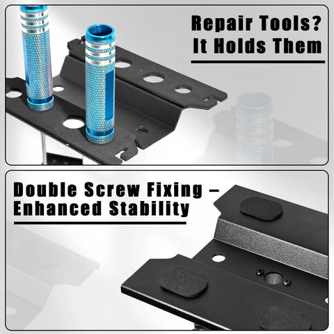 Universal RC Car Stand With Liftable Lower Adjustment And 360 Degree Rotatable Head detail with shock holder and screws