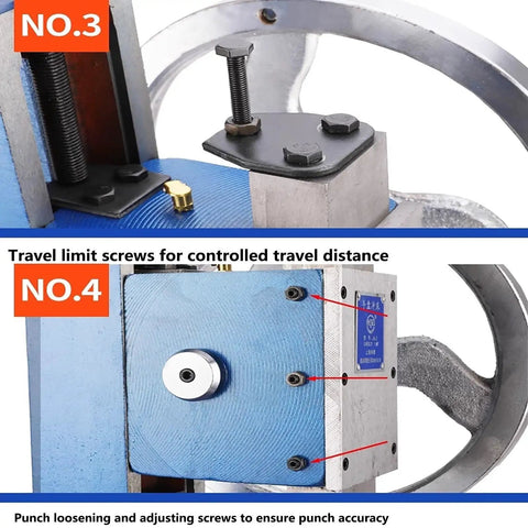 Travel limit screws on Premium Desktop Manual Arbor Press With Heavy Duty Cast Iron Frame for precision stamping and bearing installation.