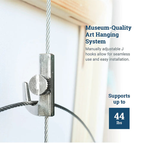 Adjustable Gallery Picture Rail Hooks for Art Hanging System with steel cable supporting up to 44 lbs.