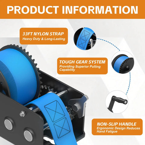 Beefy 3500 Lbs Boat Trailer Winch With 33 Ft Strap Heavy Duty Hand Winch For Boat Launch And Recovery Dual Speed Gear Ratio 4 To 1 And 8 To 1 For Smooth Fast Hauling, blue nylon strap and non-slip handle