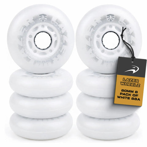LazerWheelz Light Up Inline Skate Wheels for Indoor and Outdoor Use 80mm 88A White LED Replacement Wheels Set of 8