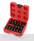 One Quarter Inch Drive Shallow Universal Impact Socket Set 12 Piece Metric 5mm to 15mm Six Point Cr Mo Steel Swivel Socket With 360 Degree Flex Built To Last Black Phosphate Finish For Heavy Duty DIY Projects in red molded case