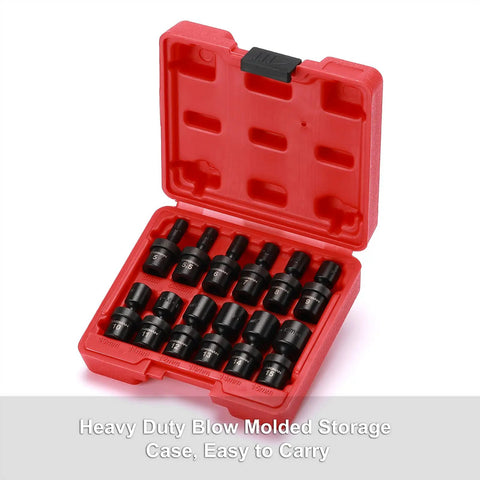 One Quarter Inch Drive Shallow Universal Impact Socket Set 12 Piece Metric 5mm to 15mm Six Point Cr Mo Steel Swivel Socket With 360 Degree Flex Built To Last Black Phosphate Finish For Heavy Duty DIY Projects in red molded case