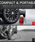 Two images of All In One Portable Tire Inflator And Jump Starter Kit With LED Light next to car tires, showing compact design.