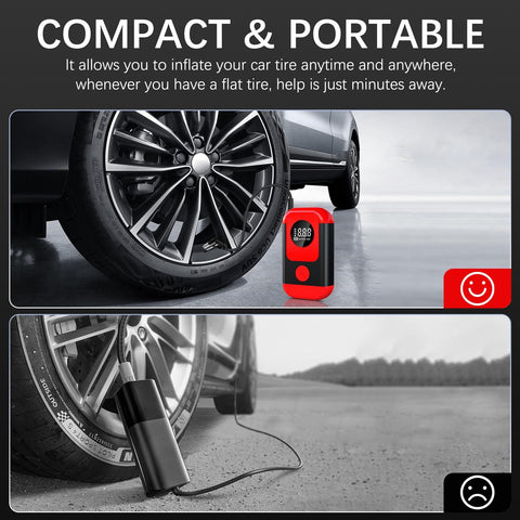 Two images of All In One Portable Tire Inflator And Jump Starter Kit With LED Light next to car tires, showing compact design.