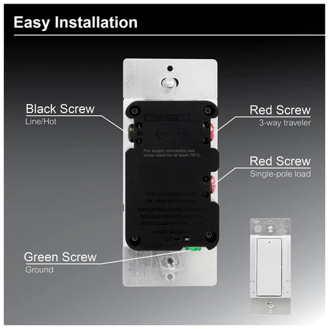 Back view of Rocker Dimmer Switch For LED Lights With On Off Paddle Full Range Dimming Single Pole Or 3 Way Energy Saving UL Listed