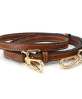 Hella Sturdy Adjustable Cowhide Leather Shoulder Strap Kit With Vintage Gold Hardware Game Changer For Mini Purse Easy Punch Free Installation Brown And Gold Crossbody Converter with brass clasps and brown leather.