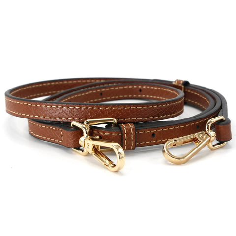 Hella Sturdy Adjustable Cowhide Leather Shoulder Strap Kit With Vintage Gold Hardware Game Changer For Mini Purse Easy Punch Free Installation Brown And Gold Crossbody Converter with brass clasps and brown leather.