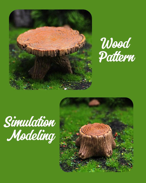 Totally Adorable Miniature Fairy Garden Furniture Set With Resin Table And Four Stump Seats Whimsical Outdoor Indoor Landscape Decor Kit For Micro Gardens featuring stump seat with wood pattern.