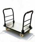 Built Tough Heavy Duty Steel Platform Truck With 2700 Lb Capacity 48 By 24 Inch Industrial Flatbed Cart Alloy Steel Frame Collapsible Handle 360 Degree Swivel Casters Made For Workshop Backyard And Heavy Cargo Logistics, angled view