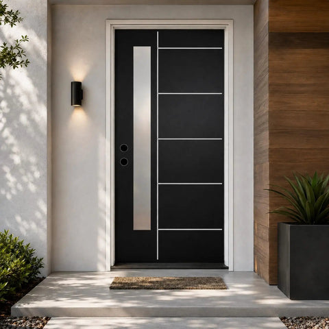 Premium Fiberglass Entry Door With Quick Install Vinyl Frame And True Right Hand Inswing Design showcasing sleek black finish and modern lines.