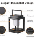 Outdoor Table Lamp With Bright LED Light, solar powered rechargeable lantern, black plastic, touch control, charging port shown