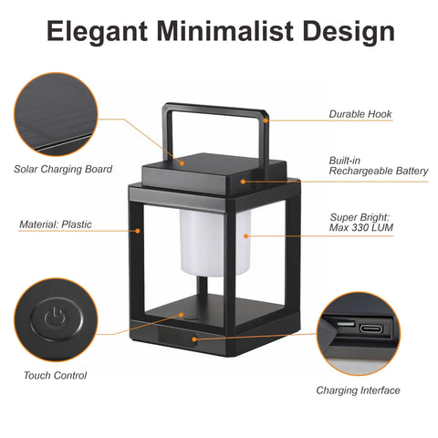 Outdoor Table Lamp With Bright LED Light, solar powered rechargeable lantern, black plastic, touch control, charging port shown