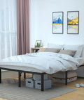 Heavy Duty Full Bed Frame With 18 Inch Rise Black Finish Noise Free Design No Box Spring Required No Sweat Assembly Steel Slats Construction Crushes Up To 700 Pounds Rock Solid Setup in modern bedroom with striped bedding.