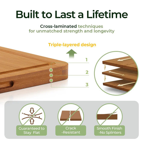 Bamboo Cutting Board Set With Deep Juice Grooves And Built In Handles showing triple-layered design and cross-laminated construction.