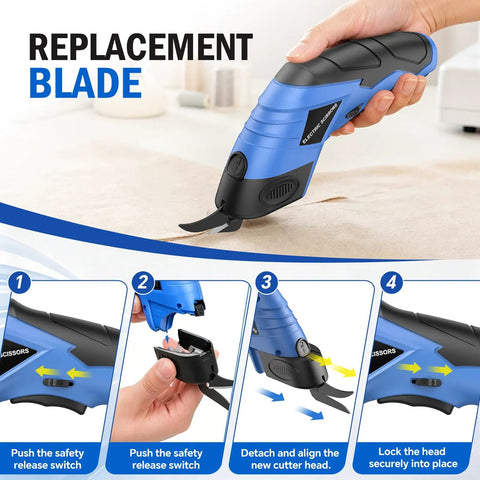 2026 Upgrade Cordless Electric Cutting Tool with Sharp Stainless Steel Blades, replacement blade attachment in hand.