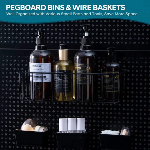 All In One Pegboard Organizer Kit With 246 Pieces Hooks Bins Baskets Paper Towel Holder For One Eighth And One Quarter Pegboard Garage Tool Storage And Hanging Solutions to keep your shop on point, showing wire baskets holding bottles.