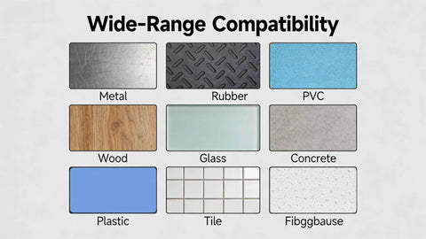 Compatibility chart for Pro Grade Butyl Waterproof Tape with materials: Metal, Rubber, PVC, Wood, Glass, Concrete, Plastic, Tile, Fiberglass.