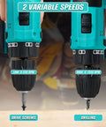 Close-up of Brushless 21V Cordless Drill Kit with variable speed settings for drilling and screw driving on wood surface.