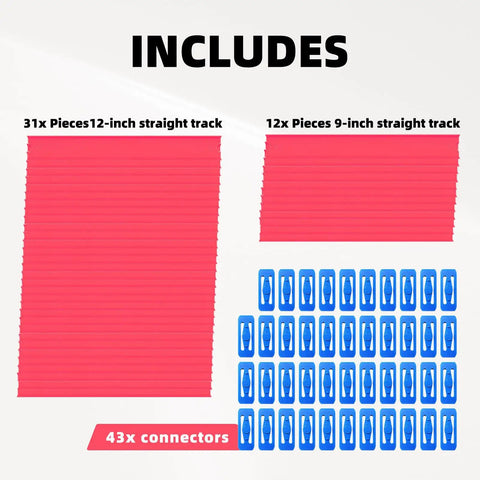 40 Feet Of 1:64 Diecast Car Track Builder Set With 86 Straight Pieces And Connectors For Easy, Plug-And-Play Layout Expansion, Includes 31 Twelve-Inch And 12 Nine-Inch Segments For Custom, Seamless Racing Layouts with connectors.