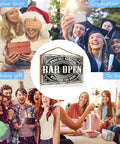 Collage of people celebrating occasions with a center image of a 'Bar Open' sign for gift ideas.