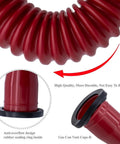 Close-up of a ribbed red spout from Red Gas Can Spout Replacement Kit For Half Five And Ten Gallon Cans, showing vent cap and rubber seal.
