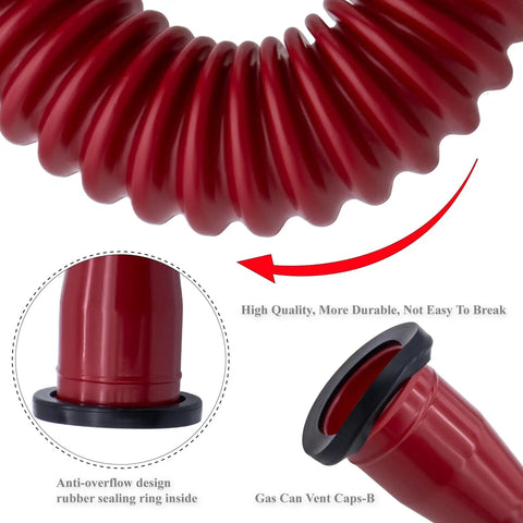 Close-up of a ribbed red spout from Red Gas Can Spout Replacement Kit For Half Five And Ten Gallon Cans, showing vent cap and rubber seal.