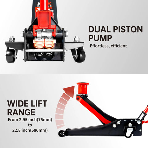 3 Ton Low Profile Floor Jack With Dual Pistons, Heavy Duty Steel Construction, Quick Lift Hydraulic Pump, Foot Pedal And Extension Adapter For Easy Tire Changes, Brakes, And Maintenance On Off Road Cars And Light Trucks