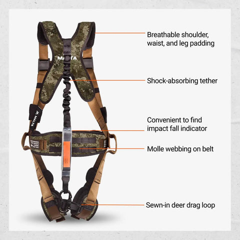 Hunters Elite Safety Harness With TrueTimber Strata Camo Includes Tree Strap Linemans Climbing Strap And Deer Drag Suspension Relief