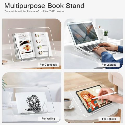 Clear Acrylic Book Stand With Adjustable Angle, Foldable Cookbook And Laptop Display Holder, Lightweight for Magazines and More