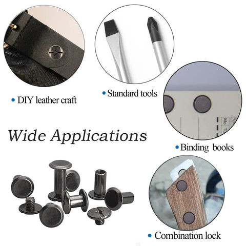 Quality Badass Gun Black Chicago Screw Kit Features Fifty Sets Of M5X4 Leather Rivet Fasteners for DIY leather craft and binding books.