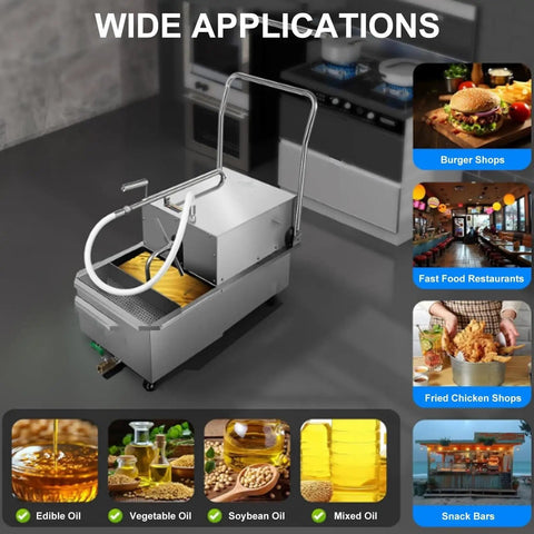 Heavy Duty 38L Commercial Oil Filtration Speed System For Deep Fryers in industrial kitchen with oil hose attached.