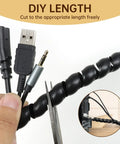 Person cutting Spiral Cable Wrap 10ft Cable Sleeve For Cords Flexible Cable Management For Computer Power Audio And Video Cables Black Diameter Five Sixteenths Inch Great For Home Office And Entertainment Setups Keeps Cables Neat, Protected, And Ready To Plug In with scissors