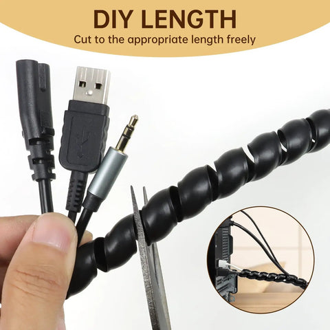 Person cutting Spiral Cable Wrap 10ft Cable Sleeve For Cords Flexible Cable Management For Computer Power Audio And Video Cables Black Diameter Five Sixteenths Inch Great For Home Office And Entertainment Setups Keeps Cables Neat, Protected, And Ready To Plug In with scissors