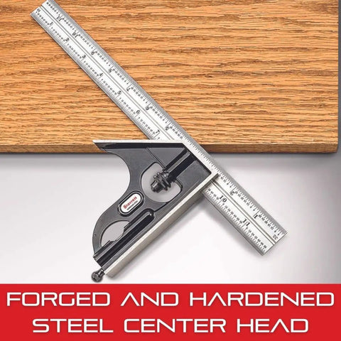 Heavy Duty Square Head For 12 Inch And Larger Combination Squares Sets And Bevel Protractors With Smooth Finish Hardened Steel Center Head For Pro Grade Machinist Toughness H33-1224 next to wooden board