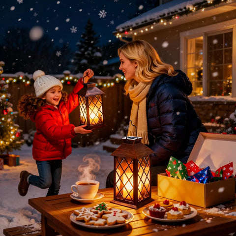 Mother and daughter with Two Pack 14 Inch Solar Lantern For Outdoor Garden Hanging Use Waterproof LED Flickering Flameless Candles.