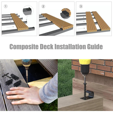 Badass Composite Decking Fastener Kit With 100 Nylon Hidden T Clips And 304 Stainless Steel Start Clips Including 108 Screws Plus 2 Drive Bits For 55 Sq Ft Universal Deck Board Installation Project, installation steps showing guide.