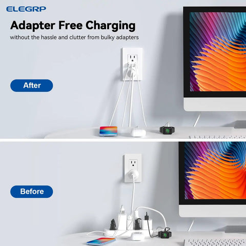Comparison of USB C Wall Outlet setup before and after with clean charging using Three Port USB C Wall Outlet With 30W Fast Charging