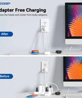 Before and after setup using 3 Port USB Wall Outlet With Type C And USB A Ports, 30W Total Output Fast Charging For All Your Gadgets.