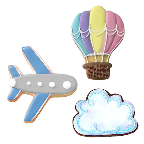 Adventure Travel Cookie Cutter Set, 3-Piece Made in USA with hot air balloon, cloud, and airplane shapes for cookies