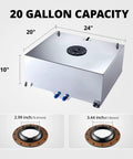 20 Gallon Aluminum Fuel Cell Tank With Level Sender And 6AN 12Ft CPE Fuel Line Kit Silver Race Ready Tank With AN10 Inlet Outlet For Racing Cars Not For E85 Gas, featuring dimensions and inlet sizes