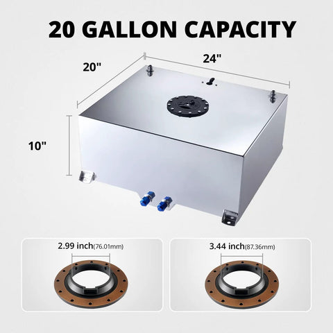 20 Gallon Aluminum Fuel Cell Tank With Level Sender And 6AN 12Ft CPE Fuel Line Kit Silver Race Ready Tank With AN10 Inlet Outlet For Racing Cars Not For E85 Gas, featuring dimensions and inlet sizes